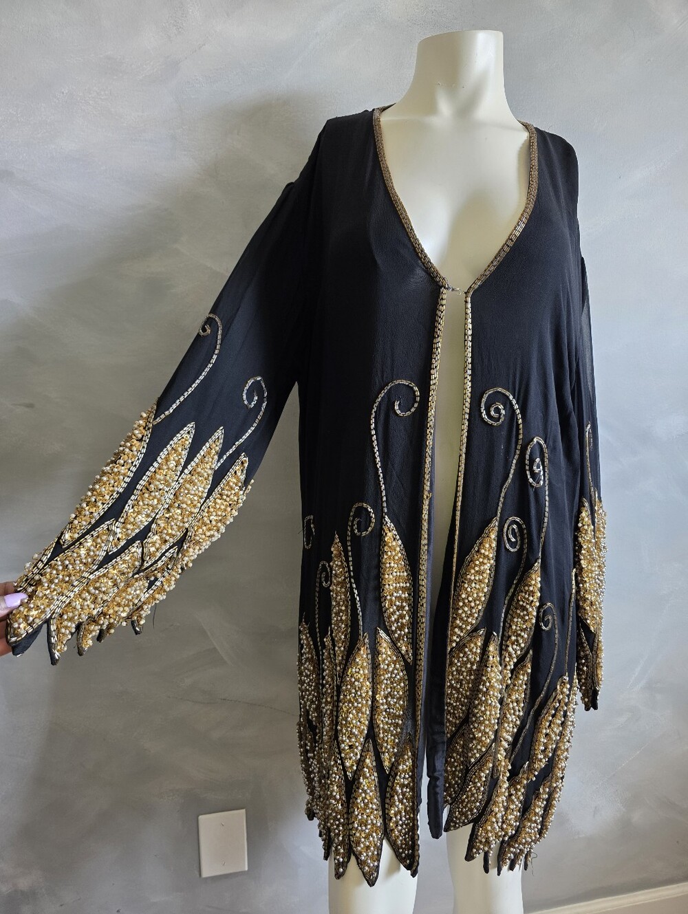 Old Hollywood Witchy Hem Vtg Black Gold Beaded Silk Long Duster Jacket Cape 3X